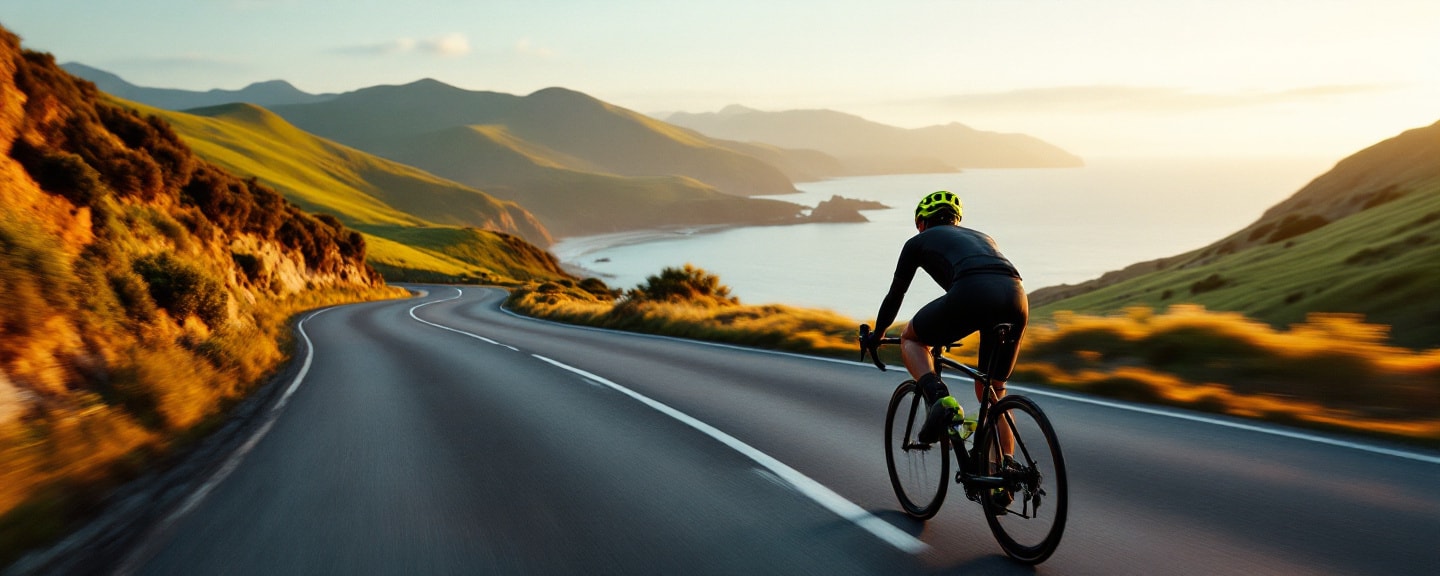 Road cyclist climbing a coastal New Zealand road at sunrise